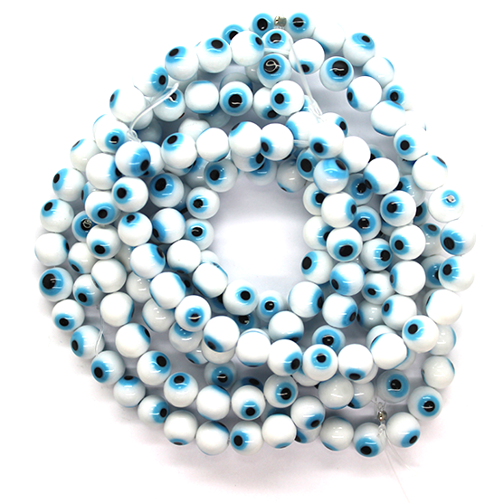 Glass Beads, White Evil Eye, 10mm, 35 pcs per strand