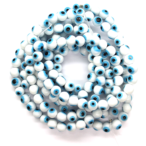 Glass Beads, White Evil Eye, 8mm, Approx 45 pcs per strand