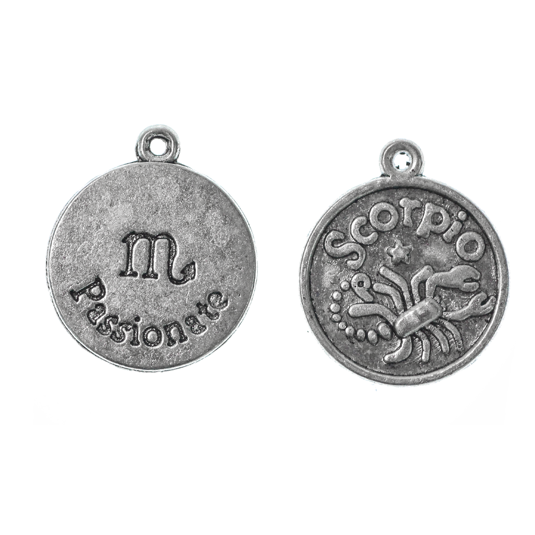 Zodiac Pendants/Charms, 17.4mm round, 1.5mm thick, 1.5mm hole, Double Sided, Silver Alloy, 5pcs/bag