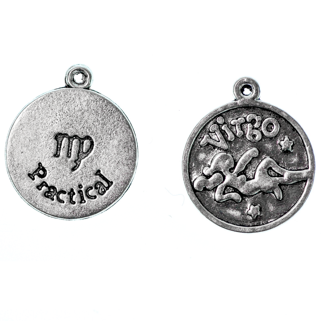 Zodiac Pendants/Charms, 17.4mm round, 1.5mm thick, 1.5mm hole, Double Sided, Silver Alloy, 5pcs/bag