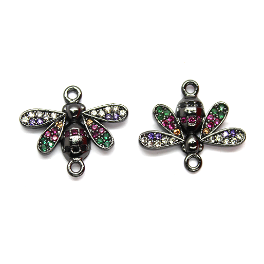 Micro Pave Bee Connector, Cubic Zirconia, Gun Metal-Plated, 15mm x 18mm, 1pc