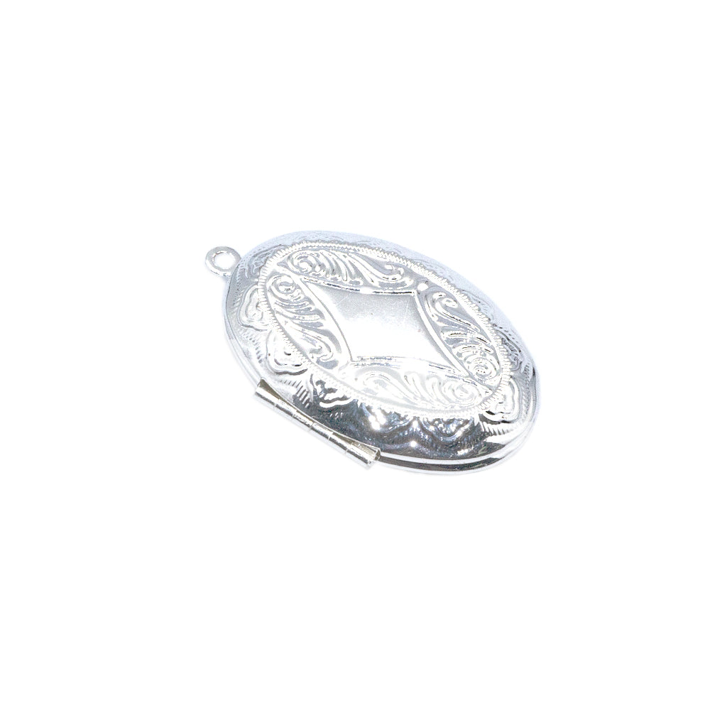 Pendant, Oval Locket, Bright Silver Alloy, 42mm x 27mm, Sold Per pkg of 1