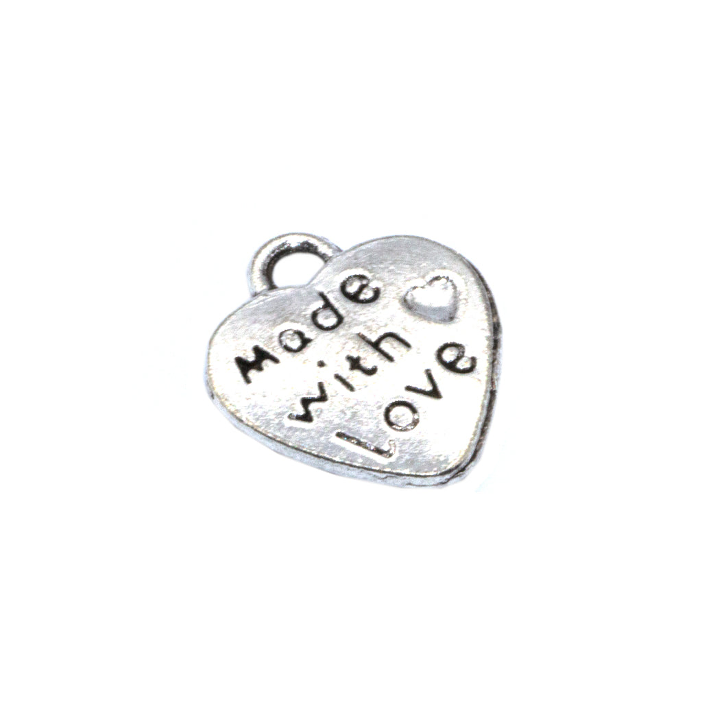 Charms, Heart Made with Love, Silver, Alloy, 12mm x 10mm x 1.3mm, Sold Per pkg of 10