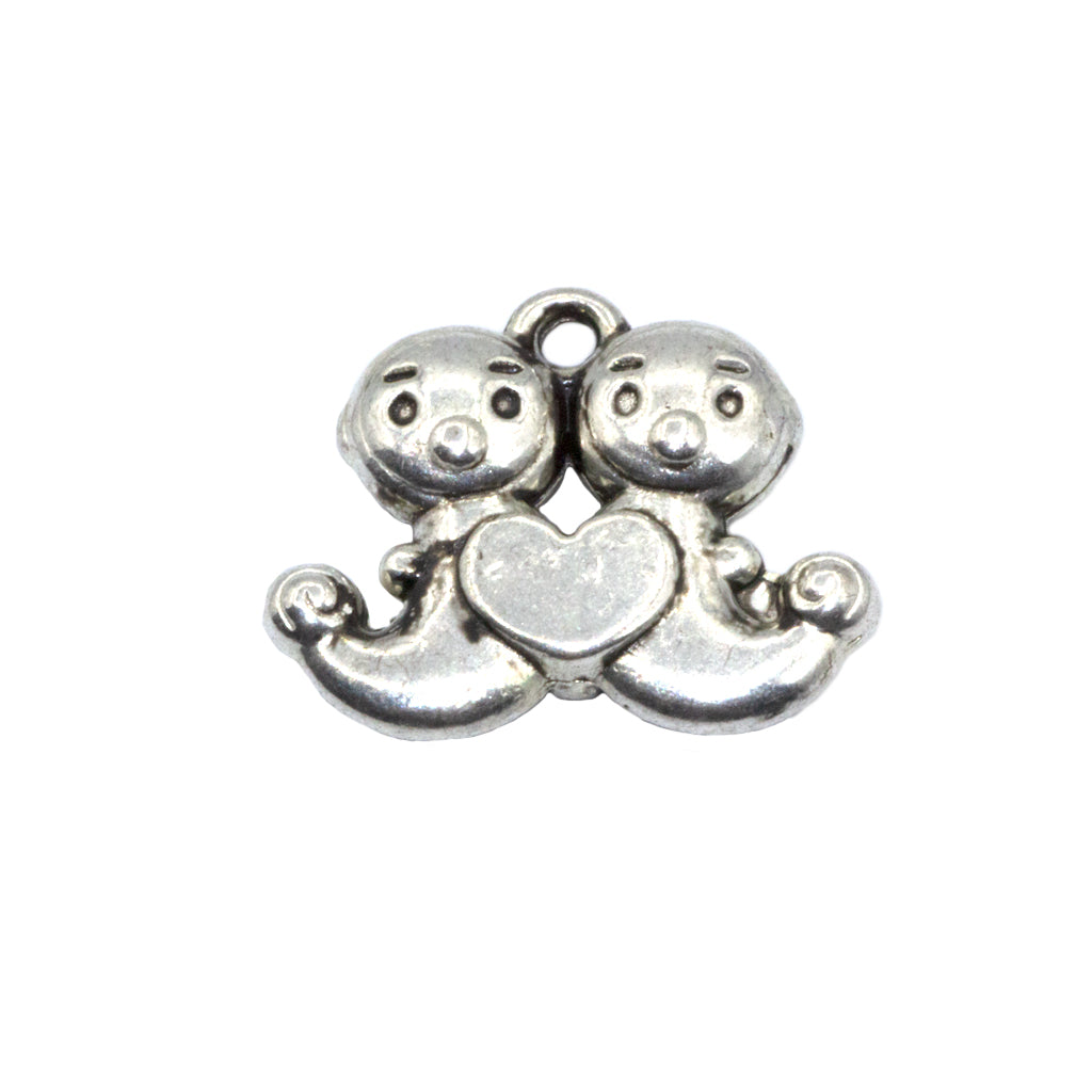 Charms, Twin Babies with Heart, Silver, Alloy, 13mm X 17mm, Sold Per pkg of 8
