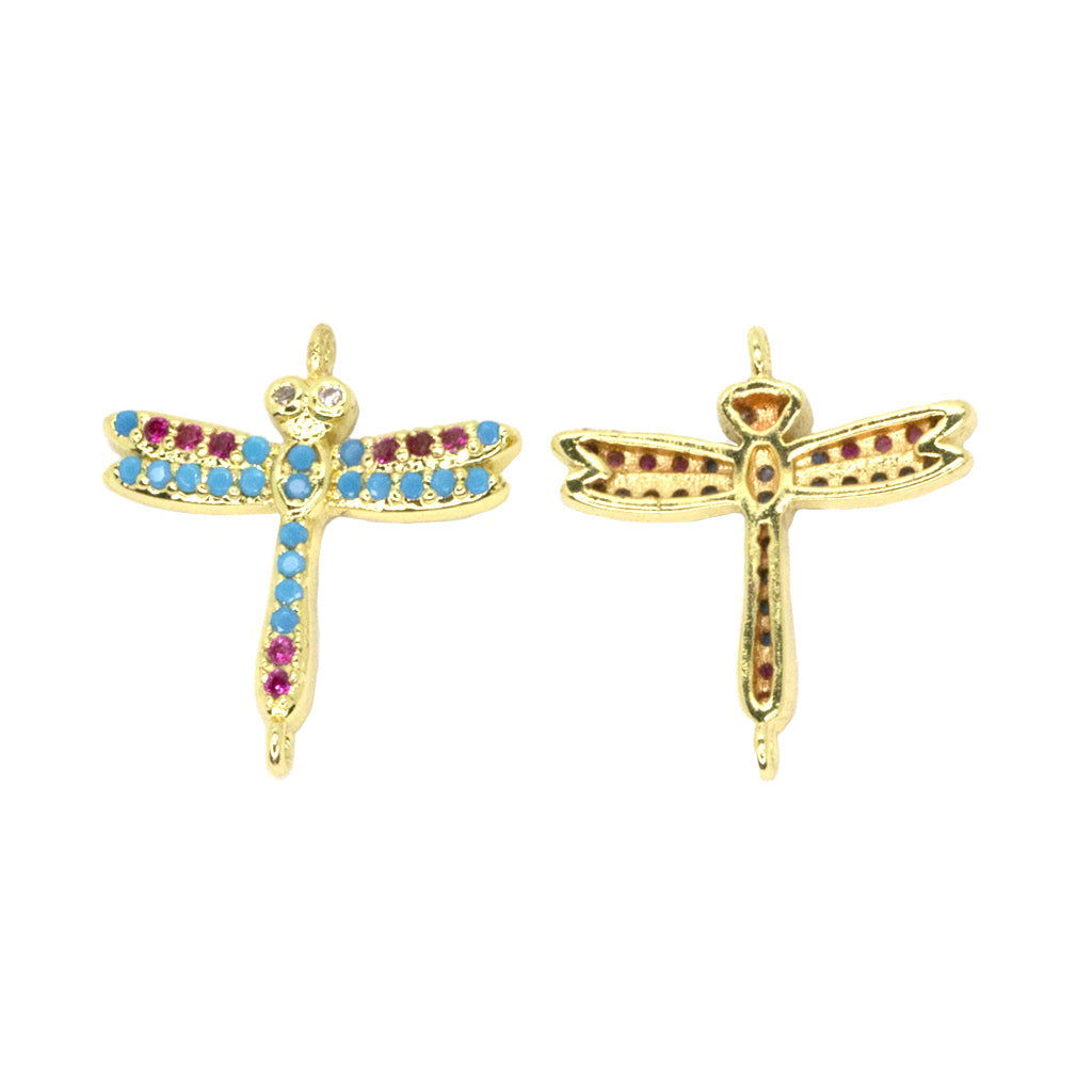 Micro Pave Dragonfly Connector, Cubic Zirconia, Gold-Plated, 20mm x 18mm, 1pc