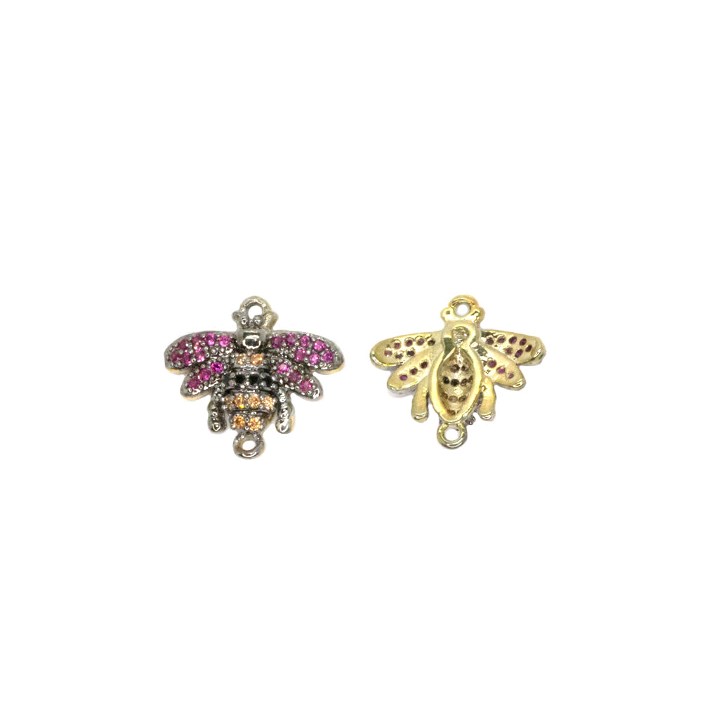 Micro Pave Bee Connector, Cubic Zirconia, Gold-Plated, 14mm x 15mm, 1pc