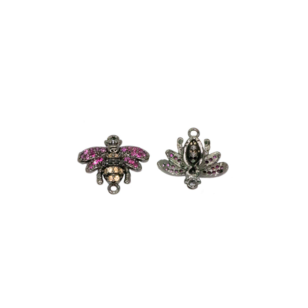 Micro Pave Bee Connector, Cubic Zirconia, Gun Metal-Plated, 15mm x 18mm, 1pc