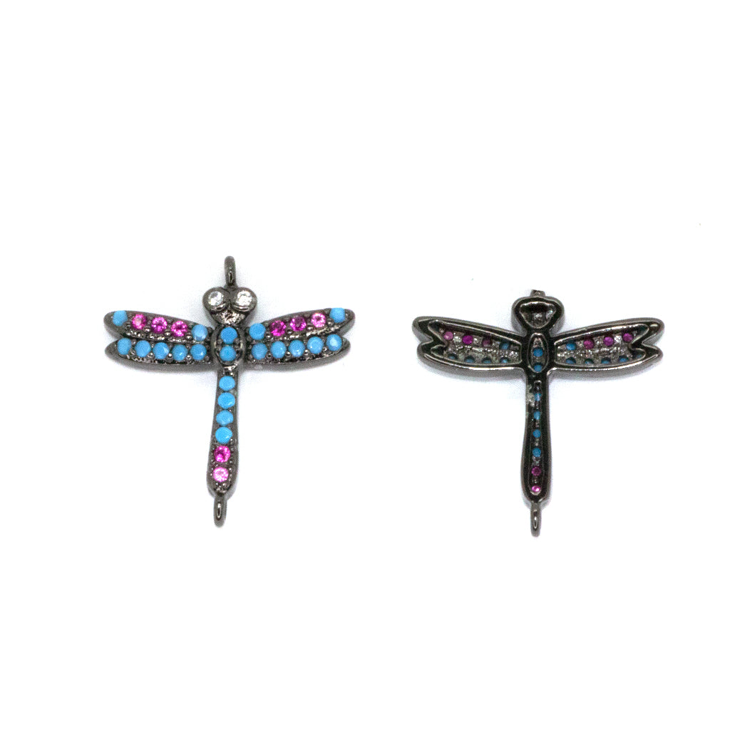 Micro Pave Dragonfly Connector, Cubic Zirconia, Gun Metal-Plated, 20mm x 18mm, 1pc