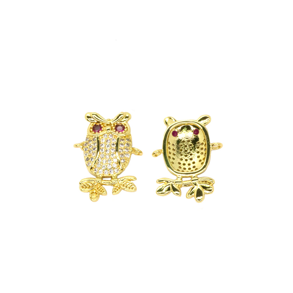 Owl Connector, Micro Pave, Cubic Zirconia, Gold-Plated, 22mm x 17mm, 1pc