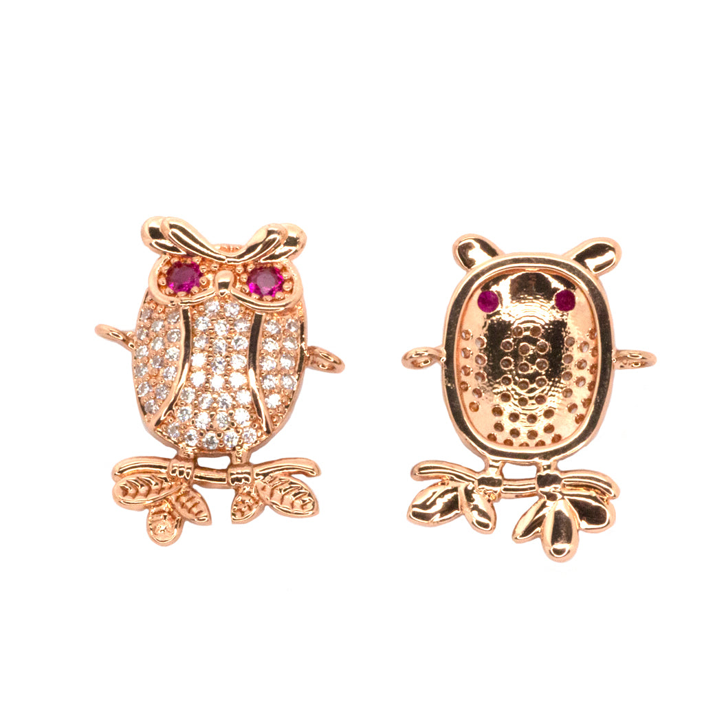 Owl Connector, Micro Pave, Cubic Zirconia, Rose Gold-Plated, 22mm x 17mm, 1pc