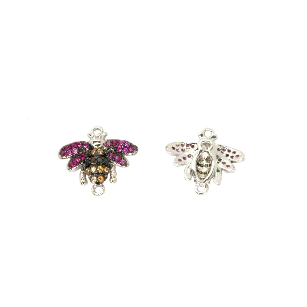 Micro Pave Bee Connector, Cubic Zirconia, Silver-Plated, 14mm x 15mm, 1pc