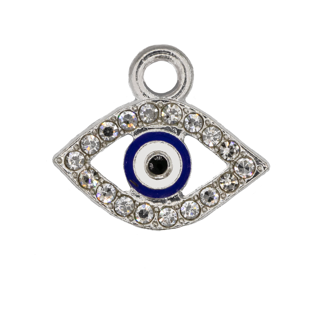 Charm, Evil Eye, Dark Blue, Rhinestone Rim, 16.5mm x 14mm, Sold Per pkg of 8