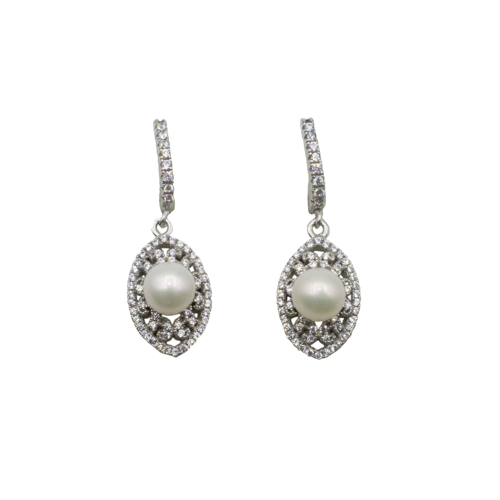 Earring, Sterling Silver, Almond Pearl Earrings with Cubic Zirconia - 20mm X 10mm - 1 pair