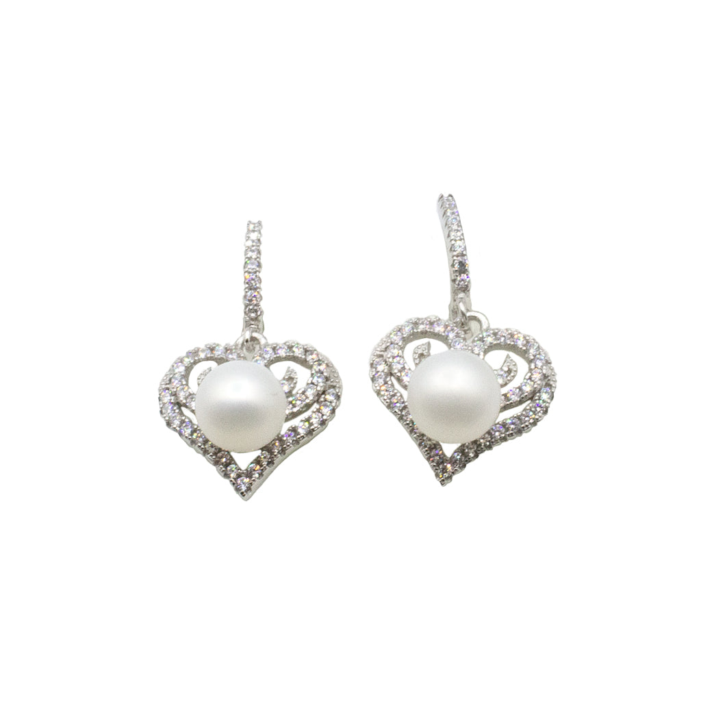 Earring Sterling Silver Heart Pearl Earrings with Cubic Zirconia 3 Butterfly Beads and Jewellery