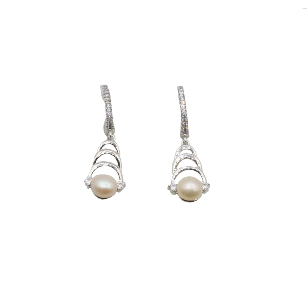 Earring, Sterling Silver, Layered Pearl Earrings with Cubic Zirconia - 33mm X 10mm - 1 pair