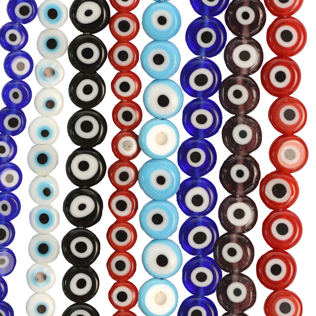 Glass Beads, Flat Evil Eye, Available in Multiple Colours and Sizes