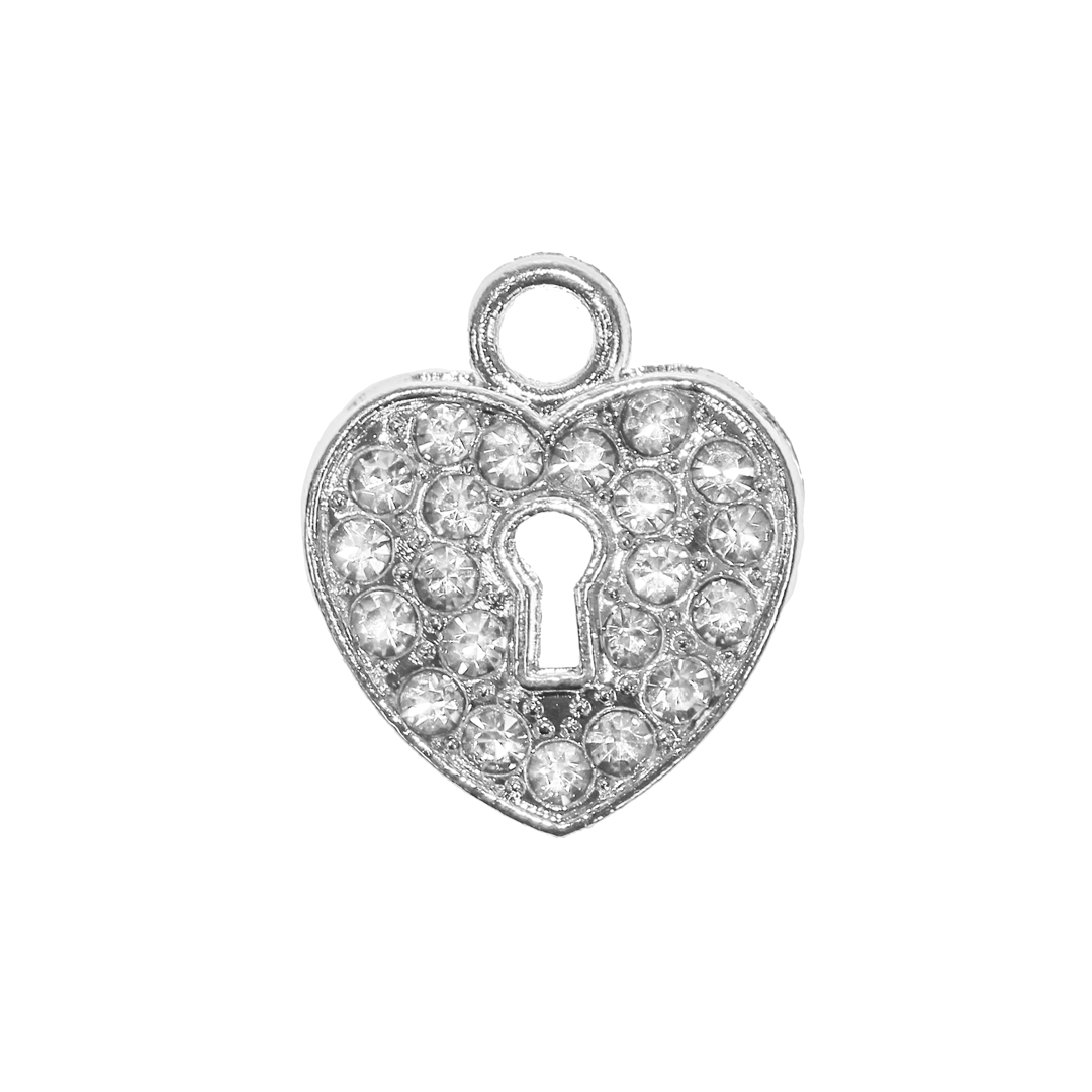 Charms, Rhinestone Heart Lock, Bright Silver, Alloy, 17mm x 15mm, Sold Per pkg of 1