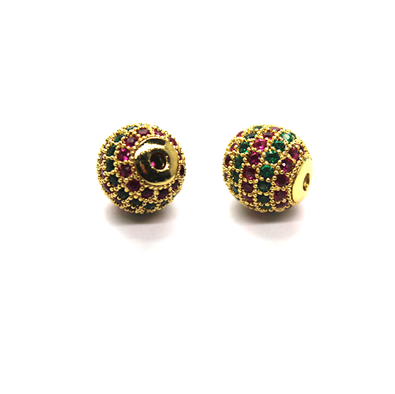 Micro Pave Round Spacer Bead, Green & Pink Cubic Zirconia, Gold-Plated, 10mm, 1pc