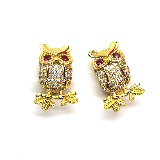 Owl Spacer Bead, Micro Pave, Cubic Zirconia, Gold-Plated, 19mm x 10mm, 1pc