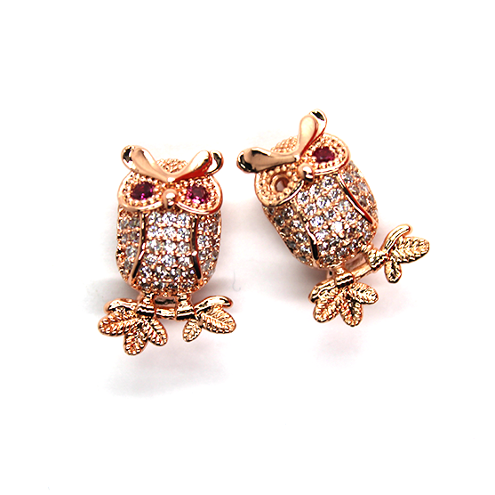 Owl Spacer Bead, Micro Pave, Cubic Zirconia, Rose Gold-Plated, 19mm x 10mm, 1pc