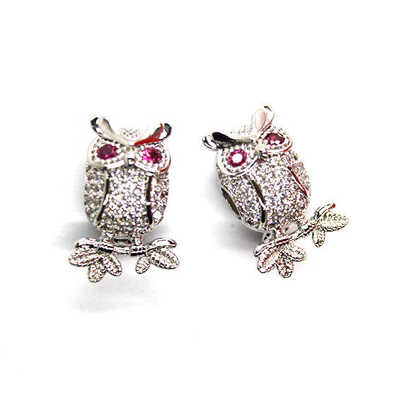 Owl Spacer Bead, Micro Pave, Cubic Zirconia, Silver-Plated, 19mm x 10mm, 1pc