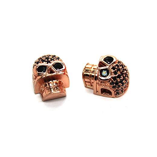 Skull Spacer Bead, Micro Pave, Black Cubic Zirconia, Rose Gold-Plated, 12mm x 13mm, 1pc