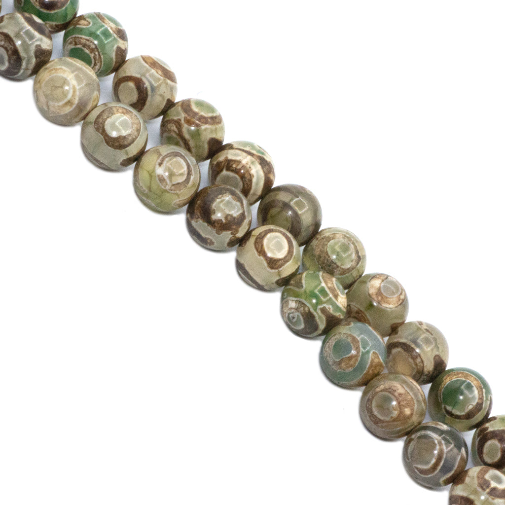 Evil Eye Patterned Tibetan Agate, Olive Green, Semi-Precious Stone, 8mm, 46 pcs per strand
