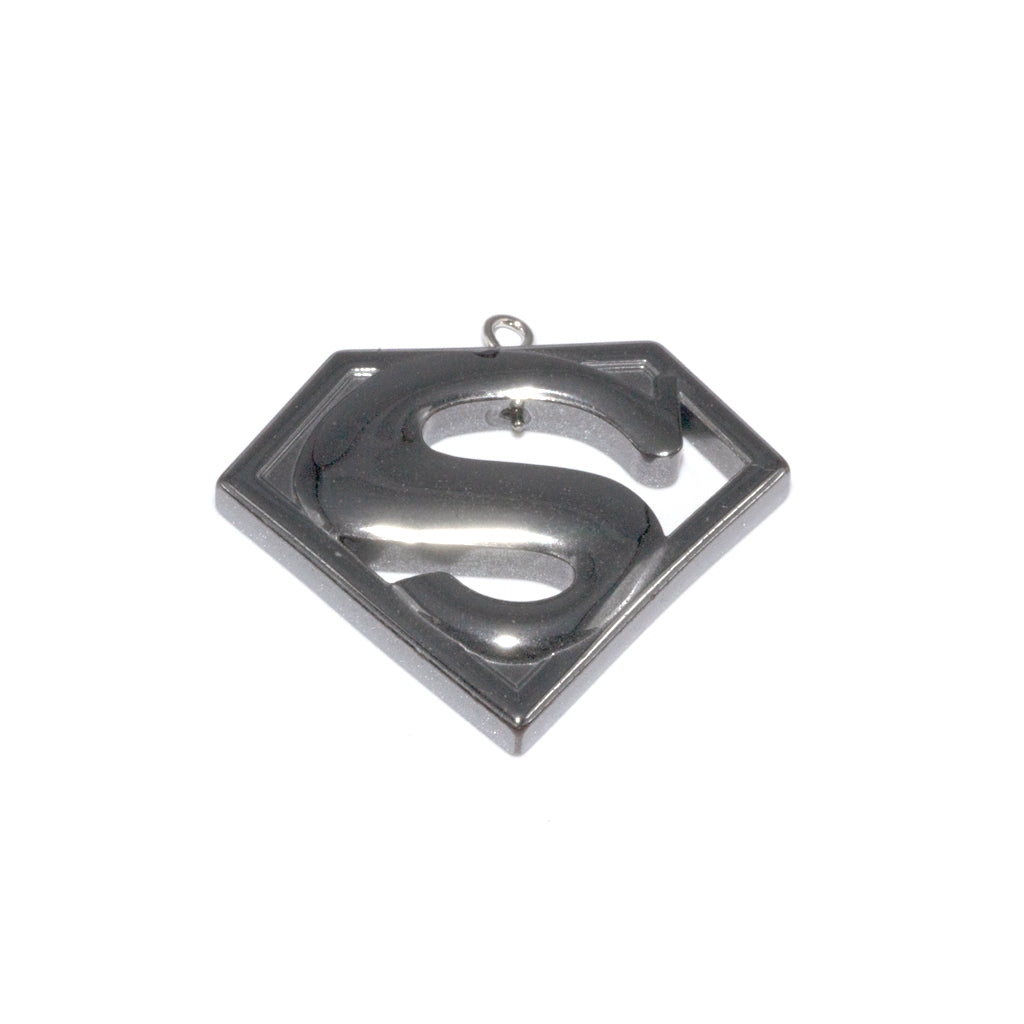 Hematite Superman Pendant, Semi-Precious Stone, Approx 32mm x 37mm x 5mm, 1 pc