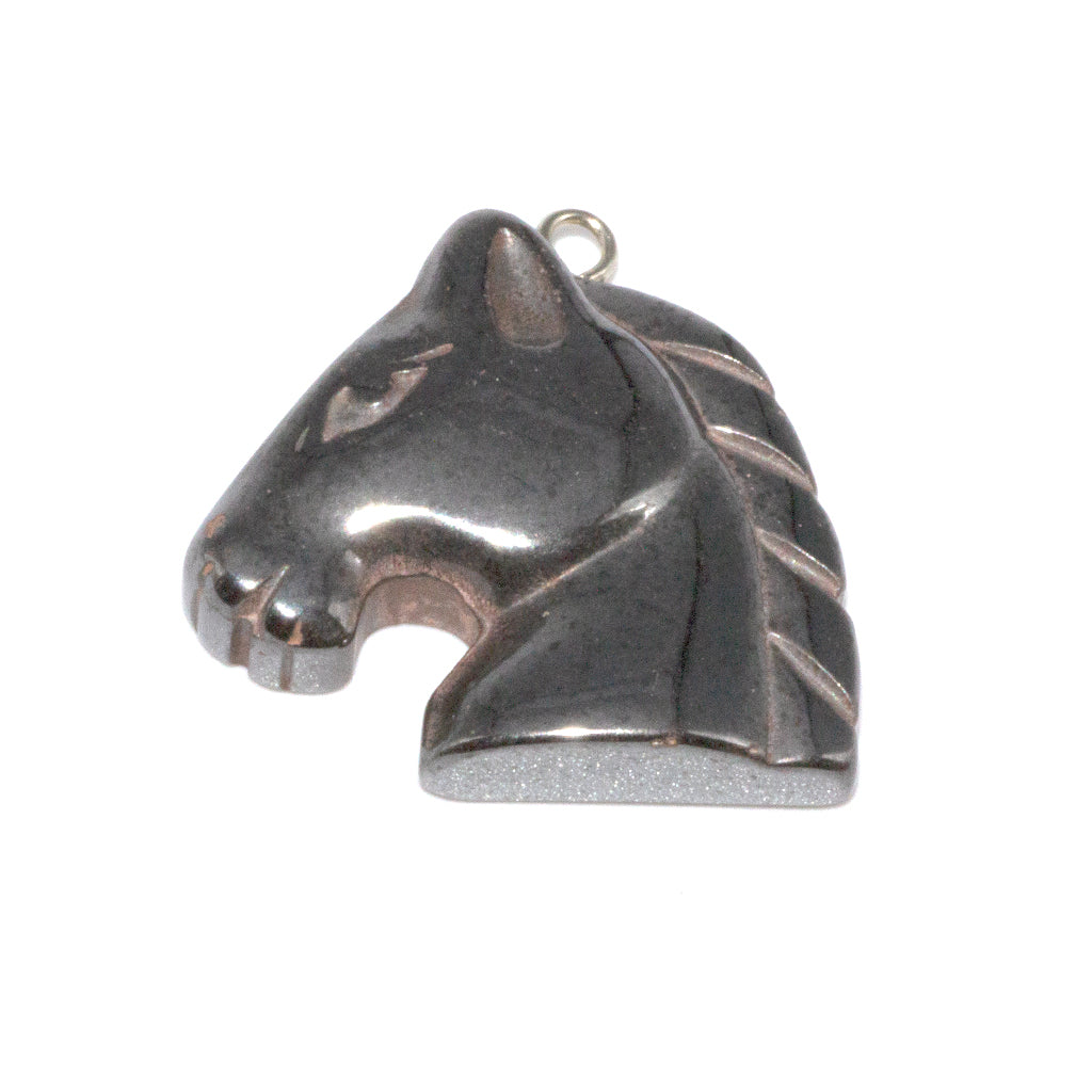 Hematite Horse Head Pendant, Semi-Precious Stone, 25mm x 24mm x 6mm, 1 pc