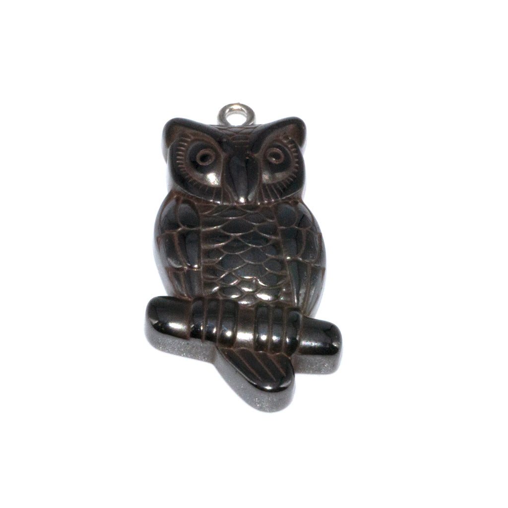 Hematite Owl Pendant, Semi-Precious Stone, 36mm x 16mm x 5mm, 1 pc