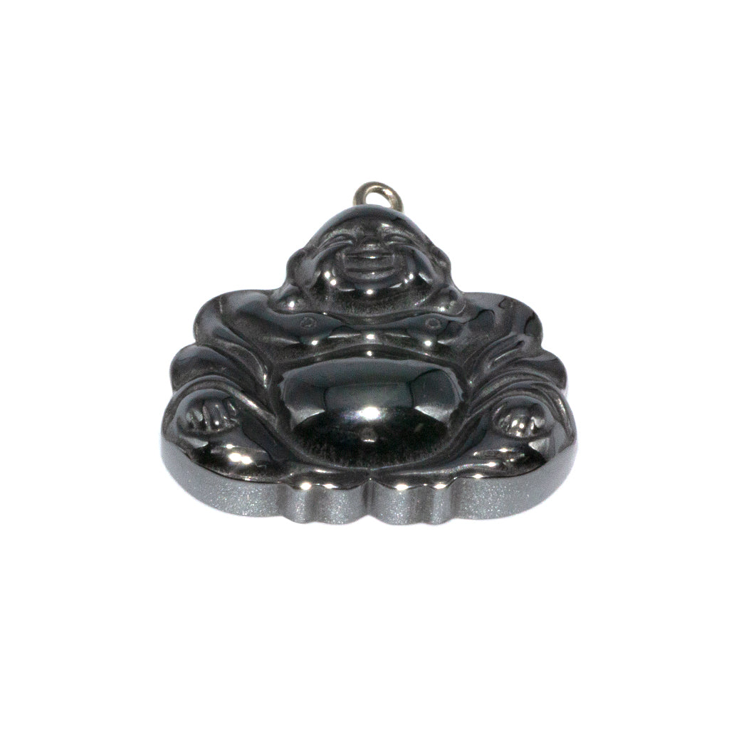 Hematite Buddha Pendant, Semi-Precious Stone, 30mm x 32mm x 10mm, 1 pc