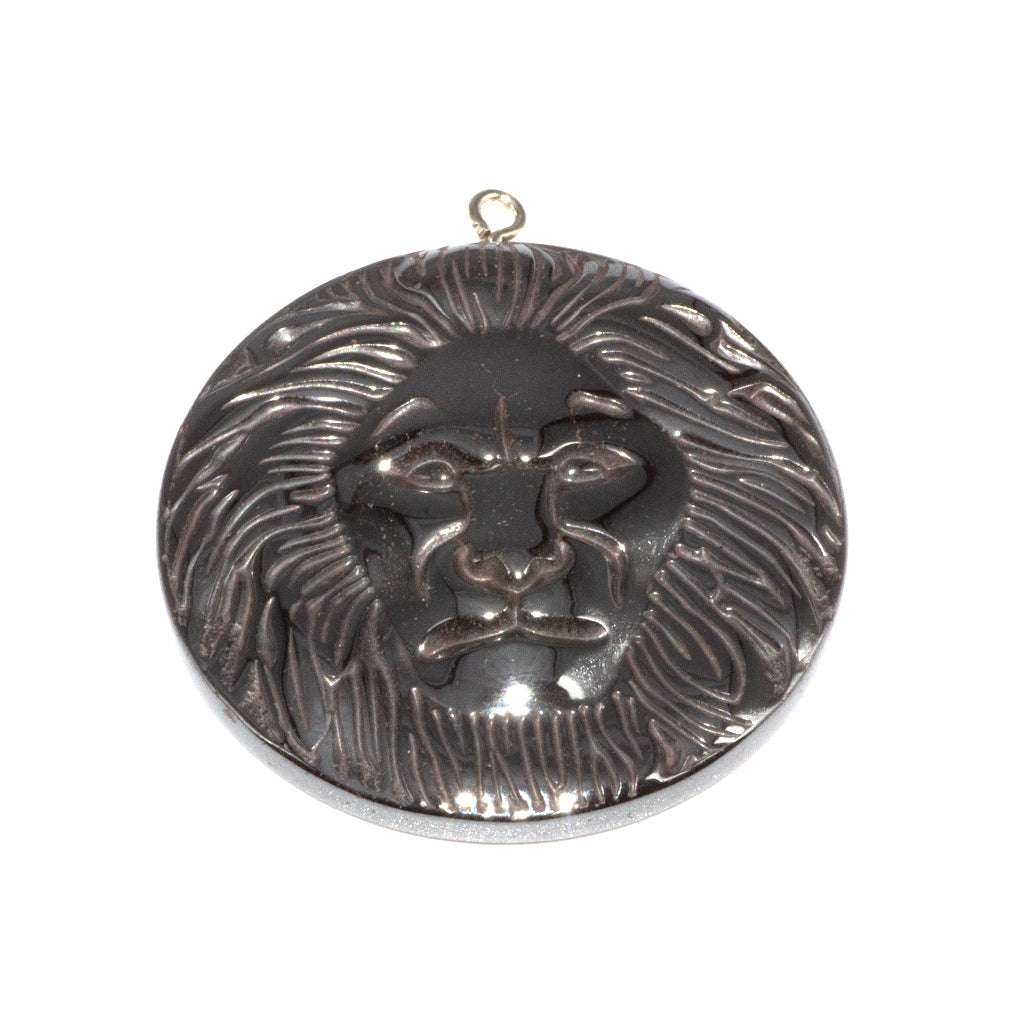 Hematite Lion Head Pendant, Semi-Precious Stone, 45mm x 6mm, 1 pc