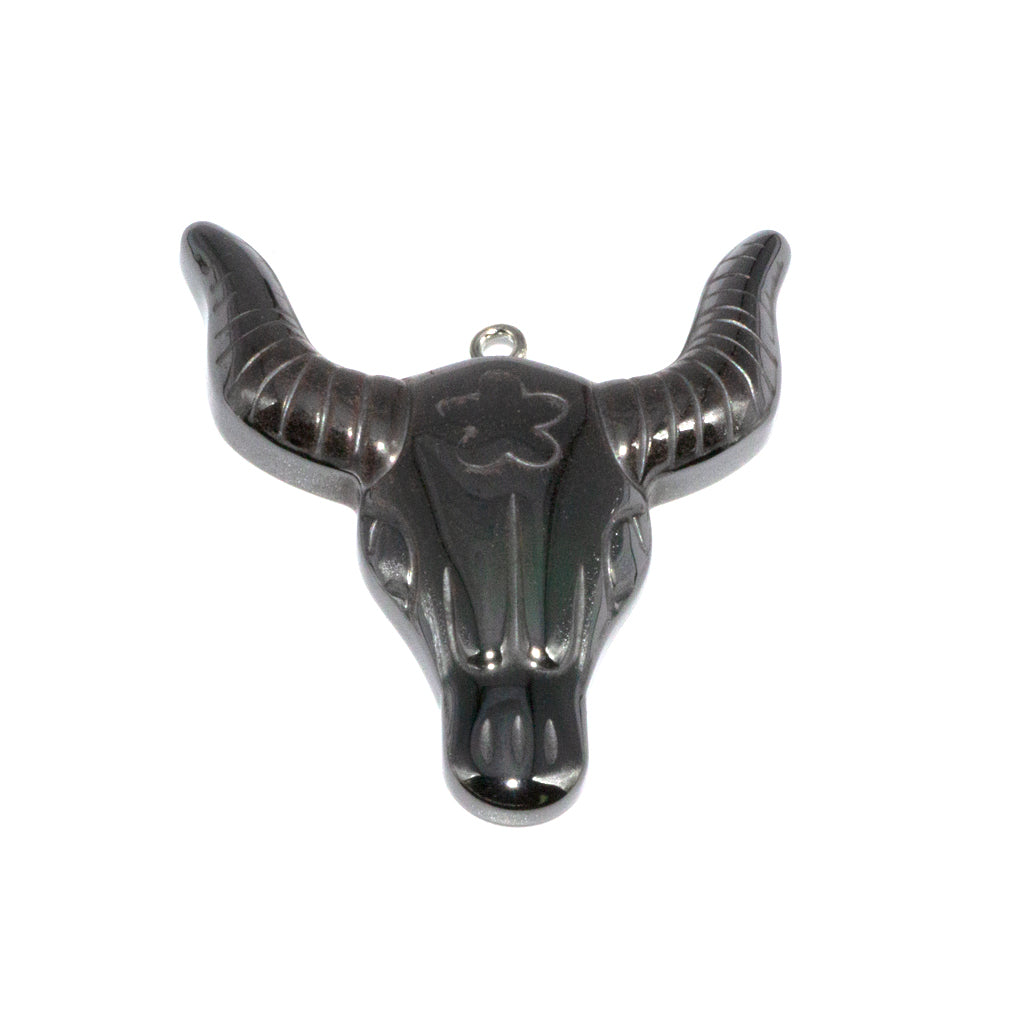 Hematite Bull Head Pendant, Semi-Precious Stone, 46mm x 40mm x 7mm, 1 pc