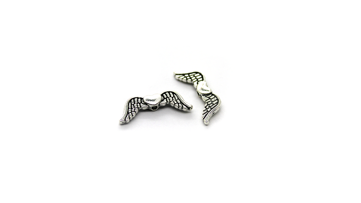 Spacers, Angel Wings with Heart, Silver, Alloy, 20mm x 7mm x 3mm, Sold Per pkg of 16