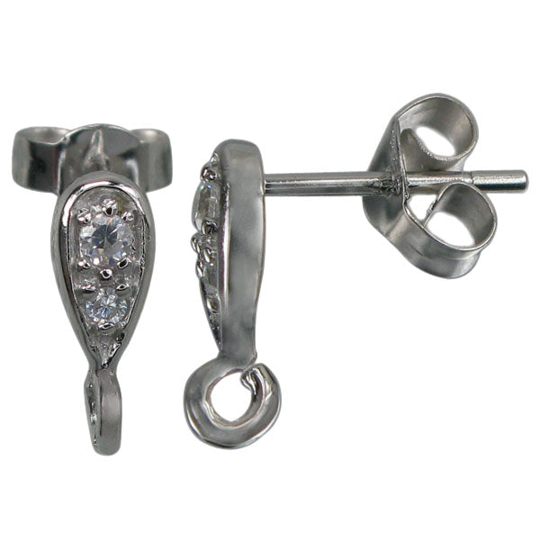 Earring, Stud with Open Loop, Rhodium plated on Sterling Silver, Faceted cubic zirconia - 11mm L x 12mm W - 1 pair