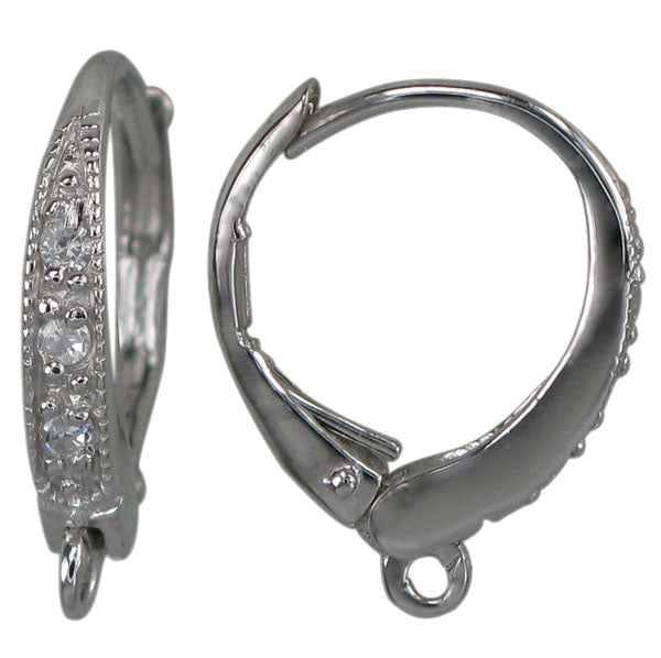 Earring, Sterling Silver, lever back w/ Cubic Zirconia - 16mm X 12mm X 2.5mm - 1 pair