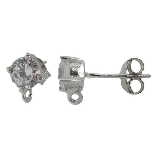 Earring, Rhodium Plated on Sterling Silver, Small Fancy Studs with loop, Cubic Zirconia, 5mm x 15mm, 1 pair