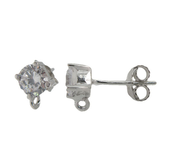 Earring, Rhodium Plated on Sterling Silver, Small Fancy Studs with loop, Cubic Zirconia, 4mm x 15mm, 1 pair