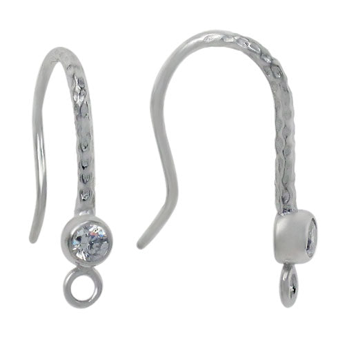 Earrings, Rhodium plated on Sterling Silver, Shepherd Hook w/ Cubic Zirconia, 21mm L x 13mm W,  Sold Per pkg of 2